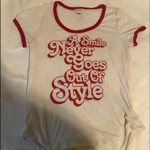 off white t shirt with dark red letters